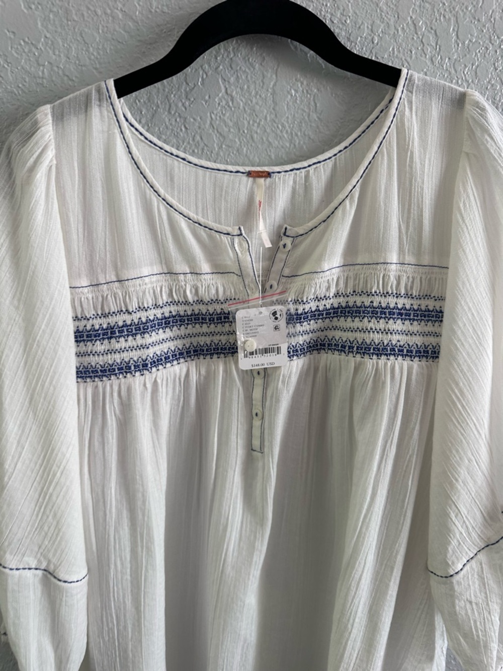 Free People Dylan Smocked Tunic NWT Ivory Blue Embroidered Boho Top Medium - Picture 5 of 13